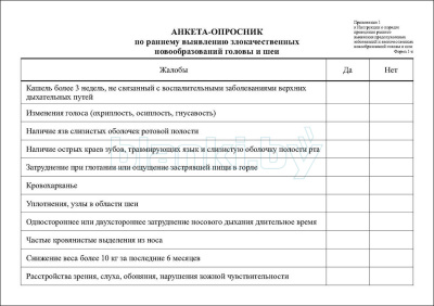 Анкета-опросник по раннему выявлению злокачественных новообразований головы и шеи Форма 1-к внутренняя часть