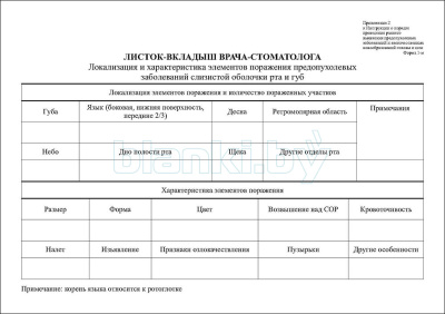 Листок-вкладыш врача-стоматолога Форма 1-м внутренняя часть